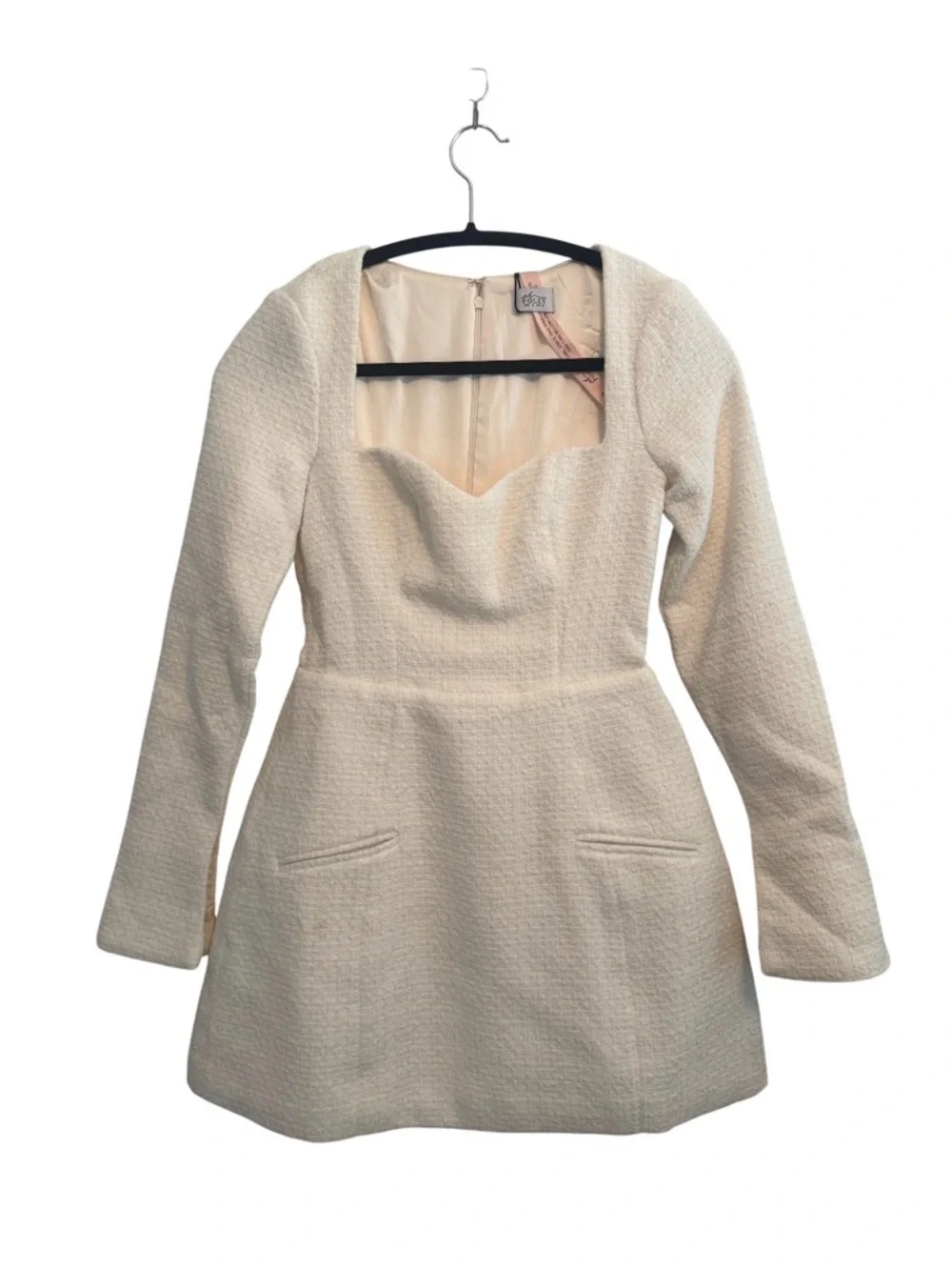 NEW Oh Polly Ivory Tacita Tweed Structured Sweetheart Long Sleeve Mini Dress 2 - Picture 2 of 8